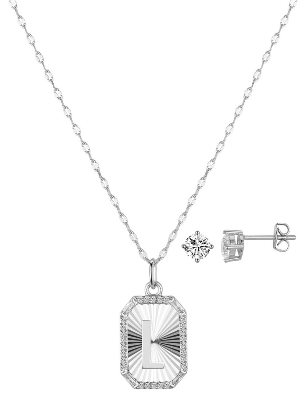 Unwritten Cubic Zirconia Initial Pendant Necklace Stud Earring Set - Silver L